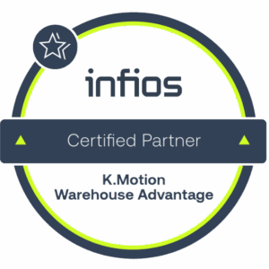 A circular badge with the text infios Certified Partner and K.Motion Warehouse Advantage in the center, featuring a star icon in the top left, neon green accents, and a nod to körber wms expertise.
