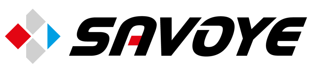 Logo for SAVOYE with bold black stylized text and a geometric symbol of overlapping gray, red, and blue diamonds to the left of the word.