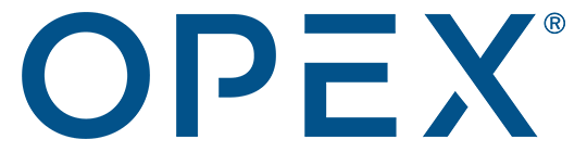 The image features the word OPEX in bold, blue uppercase letters on a light gray background. A registered trademark symbol (®) appears in the top right corner of the letter X.