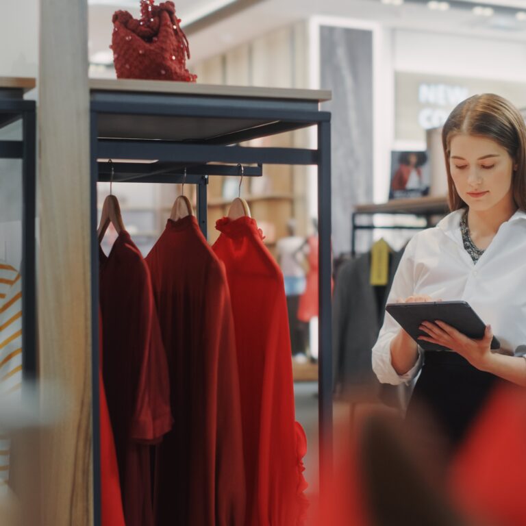 A woman in a white blouse stands in a clothing store, holding a tablet and reviewing the Order Management System. She is surrounded by racks of clothes, including several red dresses and a yellow-striped top.