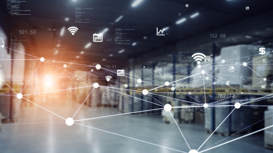 A modern warehouse with shelves full of boxes and digital network graphics overlay, symbolizing smart logistics, seamless connectivity, and the integration of cutting-edge technology in supply chain management.