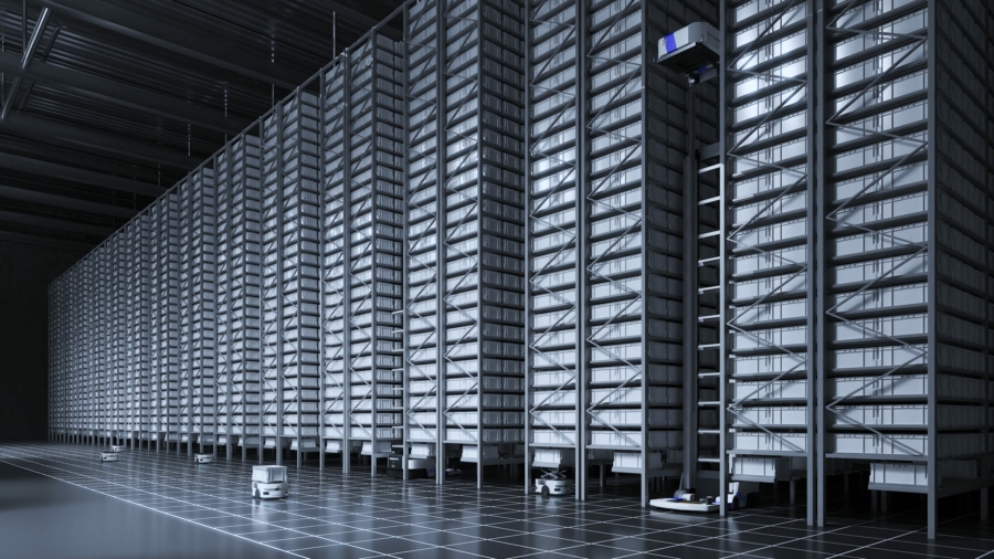 A vast, futuristic warehouse features tall, automated shelving units and several small robots and vertical lifts gliding across the grid-patterned floor, seamlessly organizing and retrieving items for maximum warehouse optimisation.