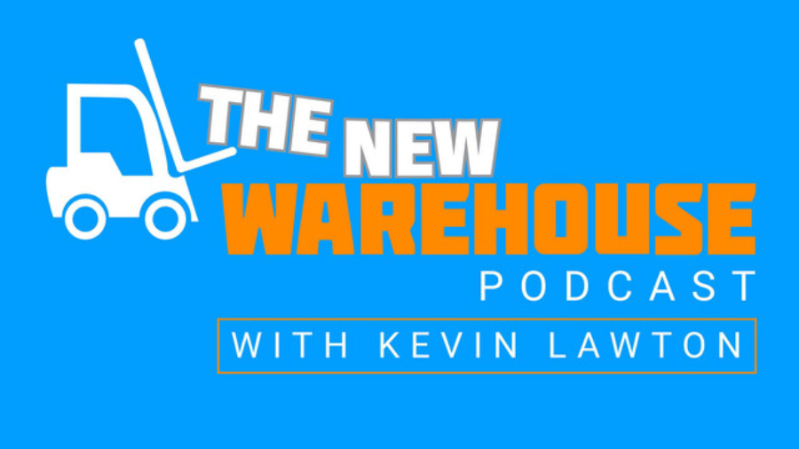Logo for The New Warehouse Podcast with Kevin Lawton featuring a white forklift icon, bold orange and white text on a bright blue background—highlighting the world of warehouse automation.