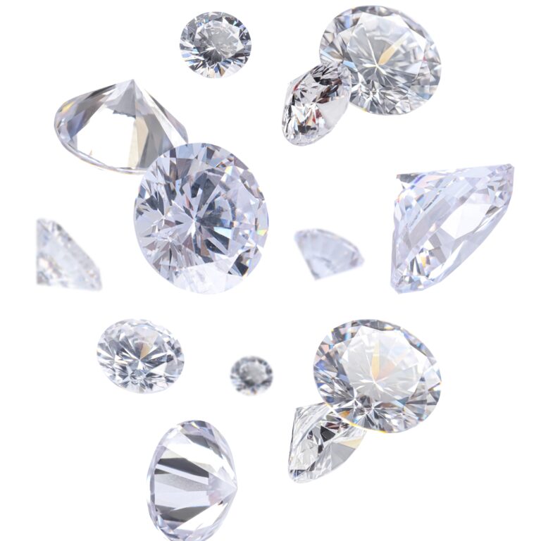 Several sparkling, faceted diamonds of various sizes appear to be floating or falling against a white background, shimmering with elegance beyond any tariff.