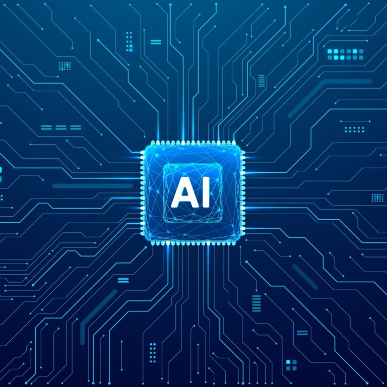 A digital illustration of a glowing microchip labeled AI at the center, with blue circuitry lines radiating outward on a dark background, symbolizing artificial intelligence, technology, and engineered labour standards.