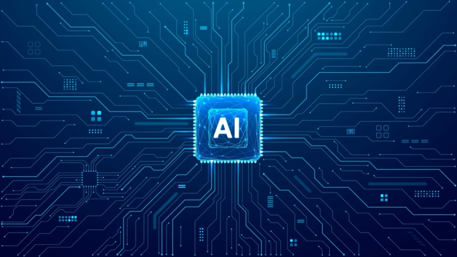 A digital illustration of a glowing microchip labeled AI at the center, with blue circuitry lines radiating outward on a dark background, symbolizing artificial intelligence, technology, and engineered labour standards.