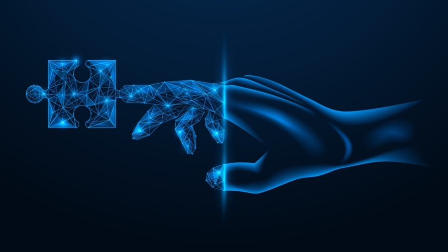 A glowing, digital hand made of blue polygonal lines—symbolizing Autonomous Mobile Robots—reaches out to touch a realistic blue hand, with a puzzle piece at the fingertip, set against a dark background.
