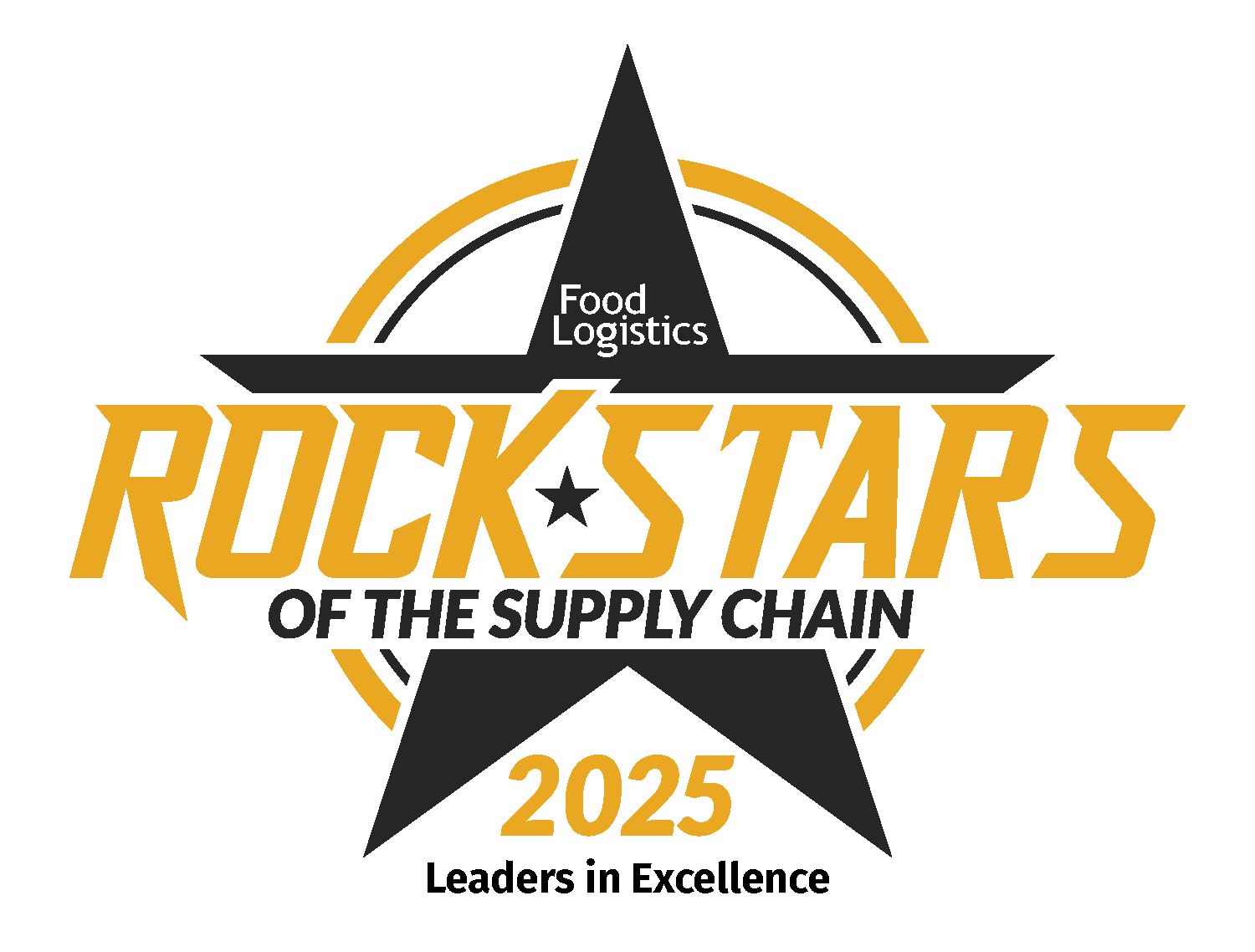 A graphic logo with a large black star, gold circular lines, and bold gold text reading ROCK STARS OF THE SUPPLY CHAIN 2025. Additional text reads Food Logistics and Leaders in Excellence.