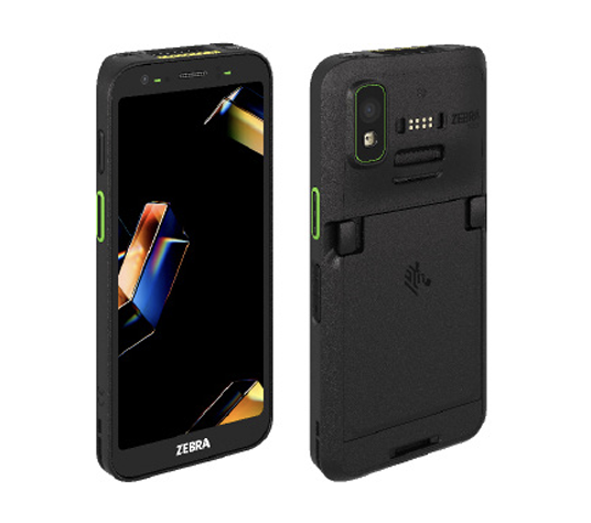 Two views of a rugged black Zebra handheld device with a touchscreen, green accents, and a textured back featuring a camera, barcode scanner, and the Zebra logo.