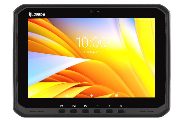 A rugged Zebra tablet with a black frame displays a colorful screen showing the time “10:00” and the date “Thu, May 12.” Physical navigation buttons are below the screen.