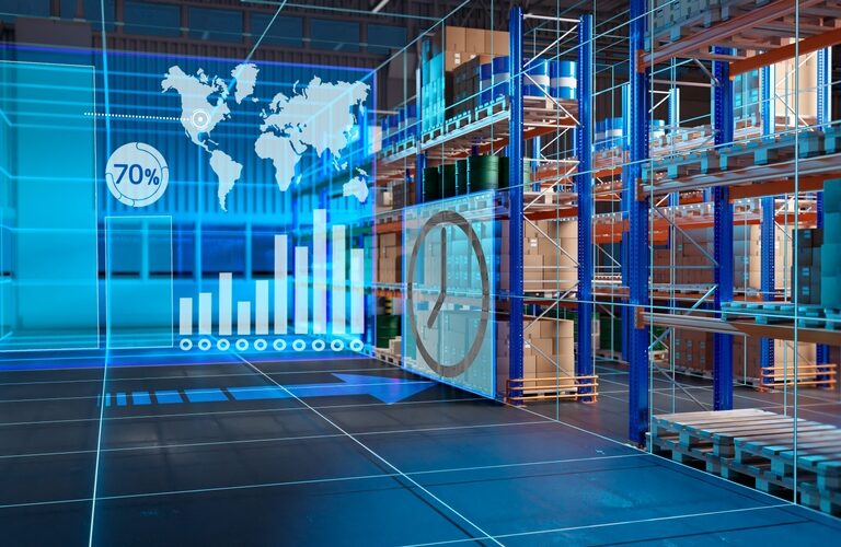 A modern warehouse with shelves of goods, overlaid with digital graphics—including a world map, bar graph, pie chart, and 70% progress indicator—showcasing smart logistics and the advantages of data-driven inventory management from the Advantage Library.