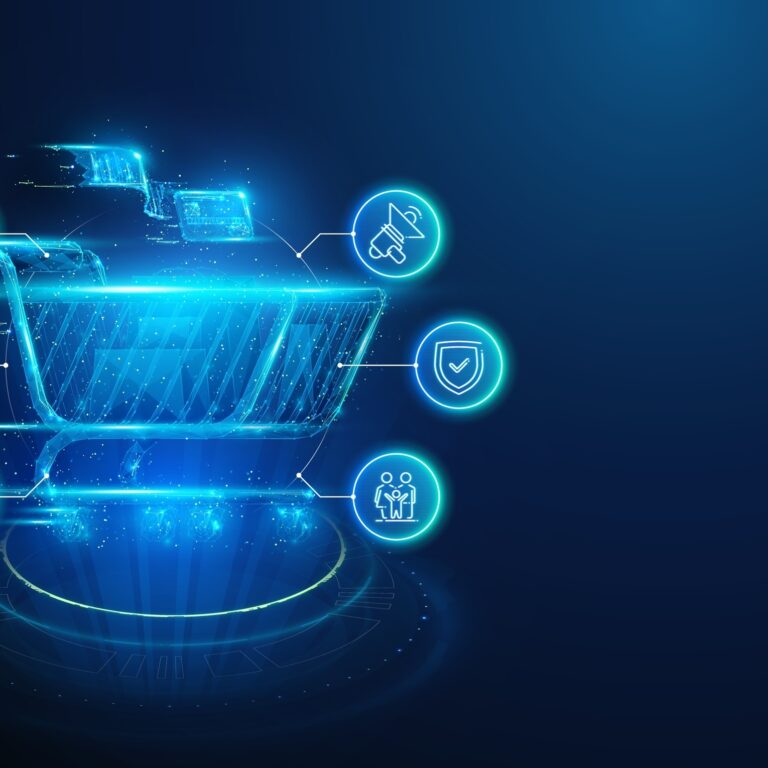 A glowing digital shopping cart surrounded by icons representing online shopping, supply chain optimisation, secure payment, customer support, promotions, delivery, and user groups on a blue gradient background.