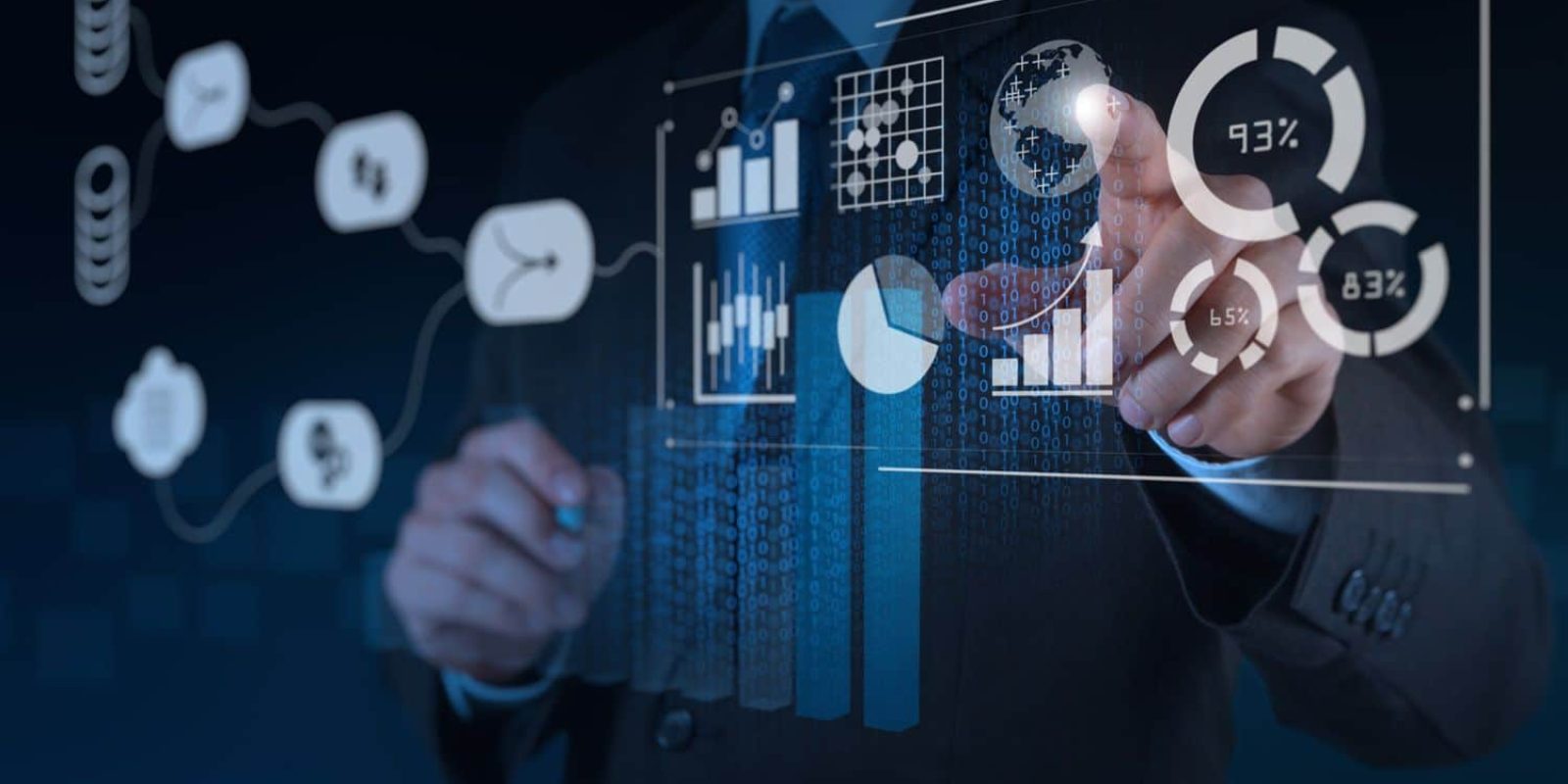 A person in a business suit interacts with virtual data visualizations, including charts, graphs, and circular progress indicators, projecting from a transparent screen in a dark, tech-themed environment.