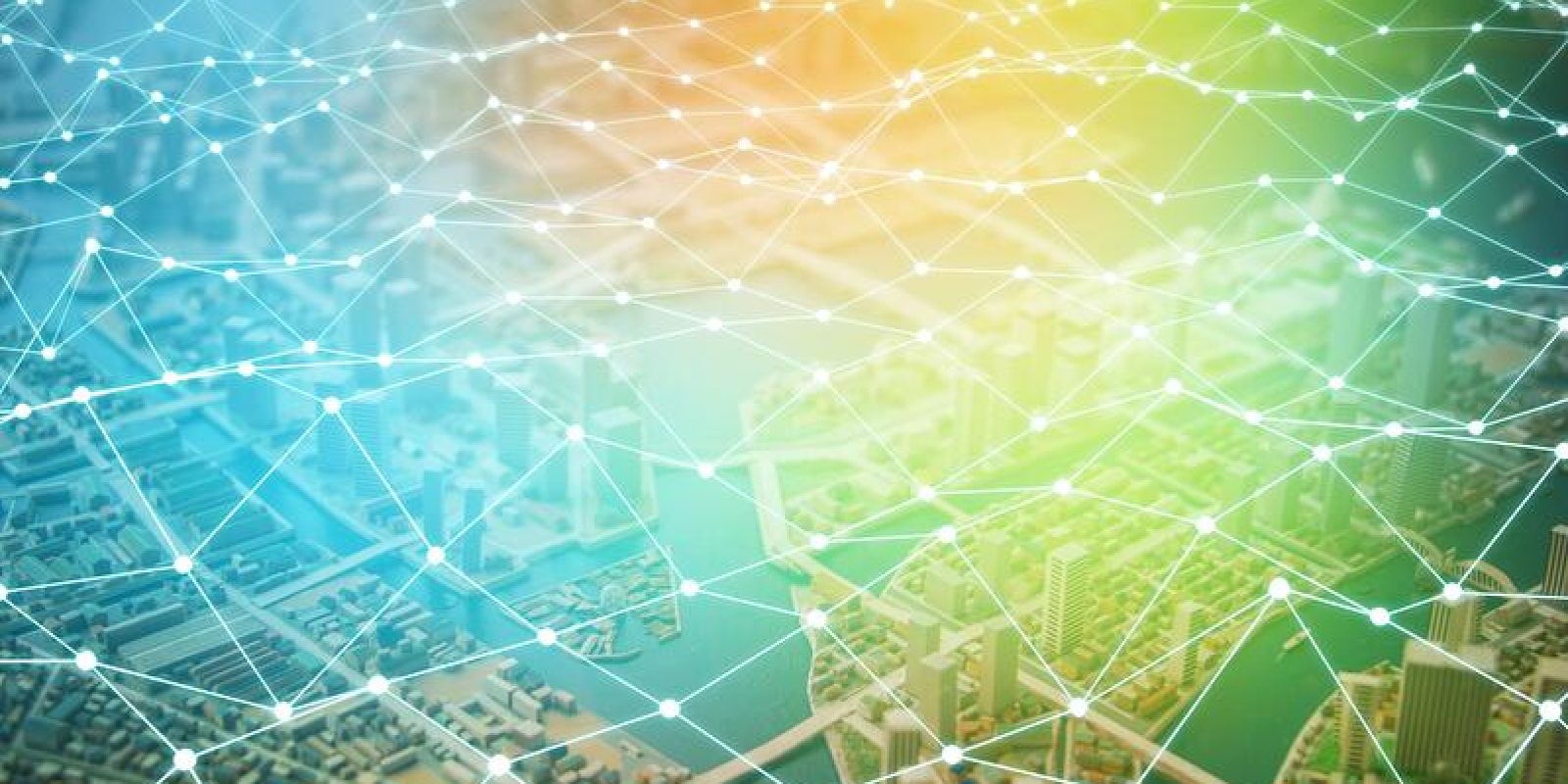 A cityscape seen from above is overlaid with a glowing, interconnected network of lines and nodes, symbolizing digital connectivity, smart city technology, and the seamless integration of the retail supply chain.