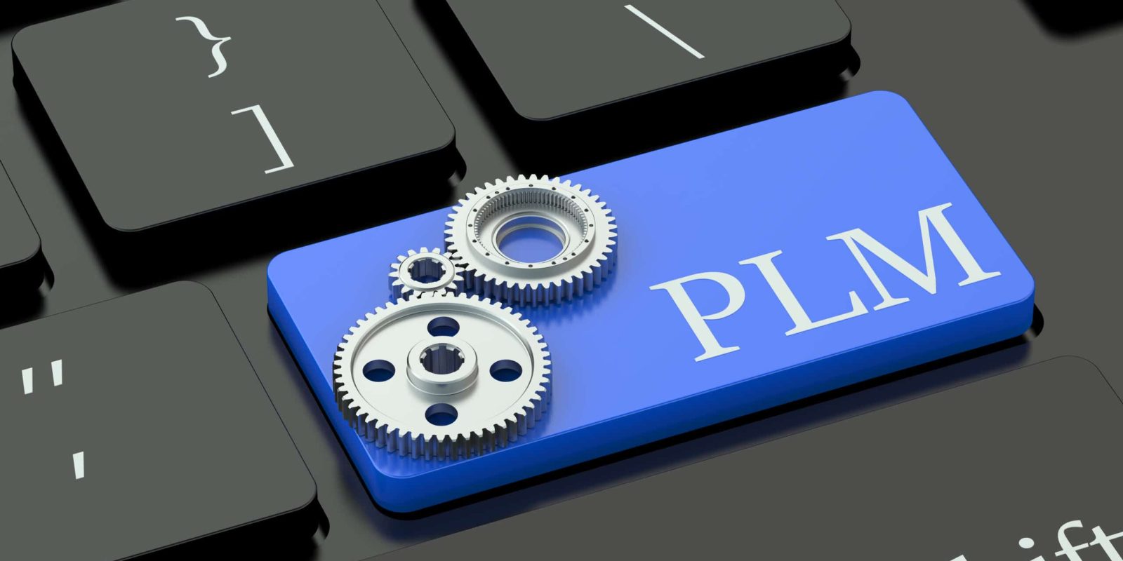 A close-up of a keyboard with a large blue key labeled PLM and decorated with three silver gears, symbolizing Product Lifecycle Management. Surrounding keys are black with white symbols.