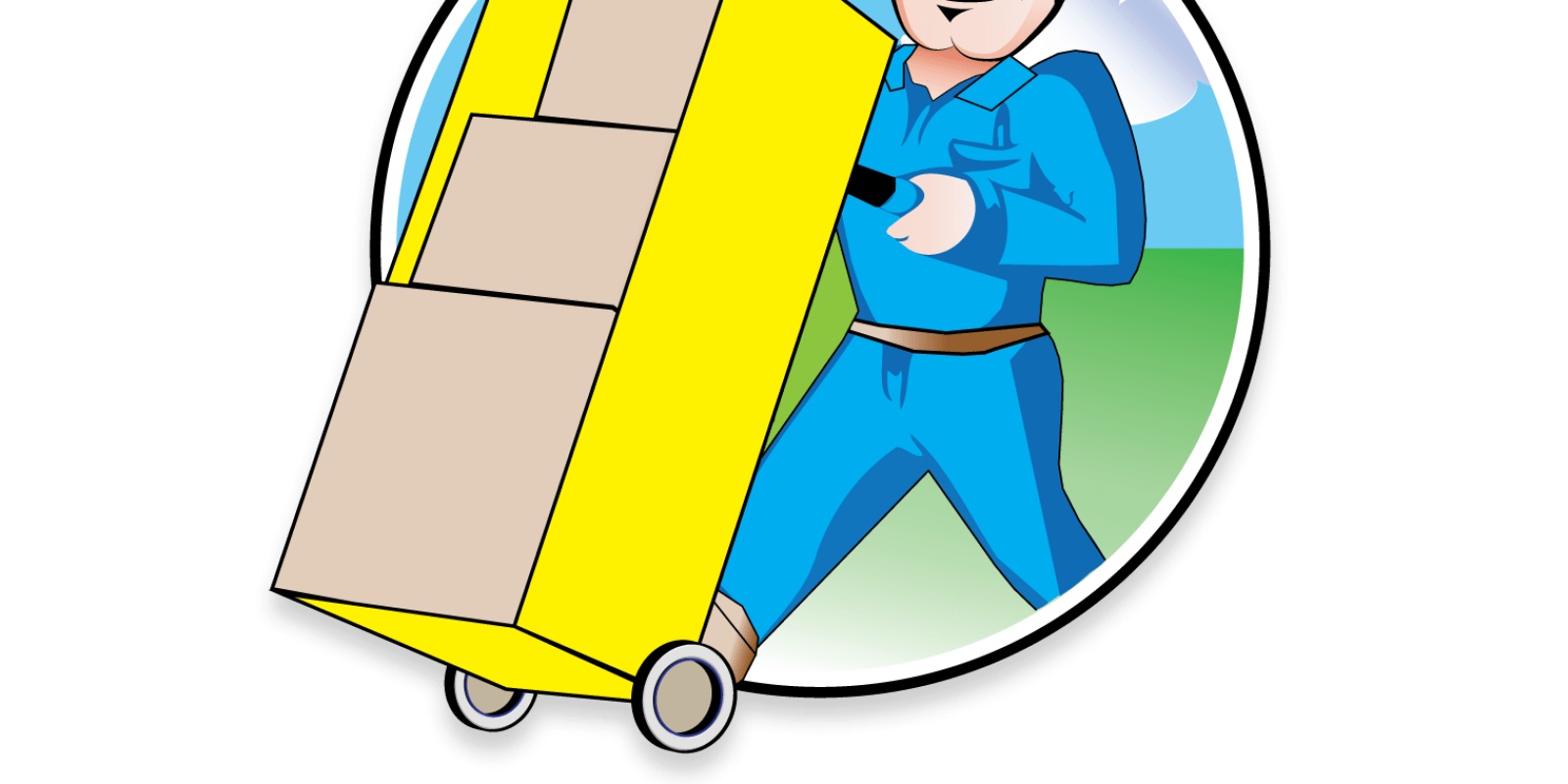 A smiling delivery worker in blue uniform and cap pushes a yellow hand truck with boxes; text below reads “STACK SLEEVE DIRECT STORE DELIVERY SYSTEM.”.