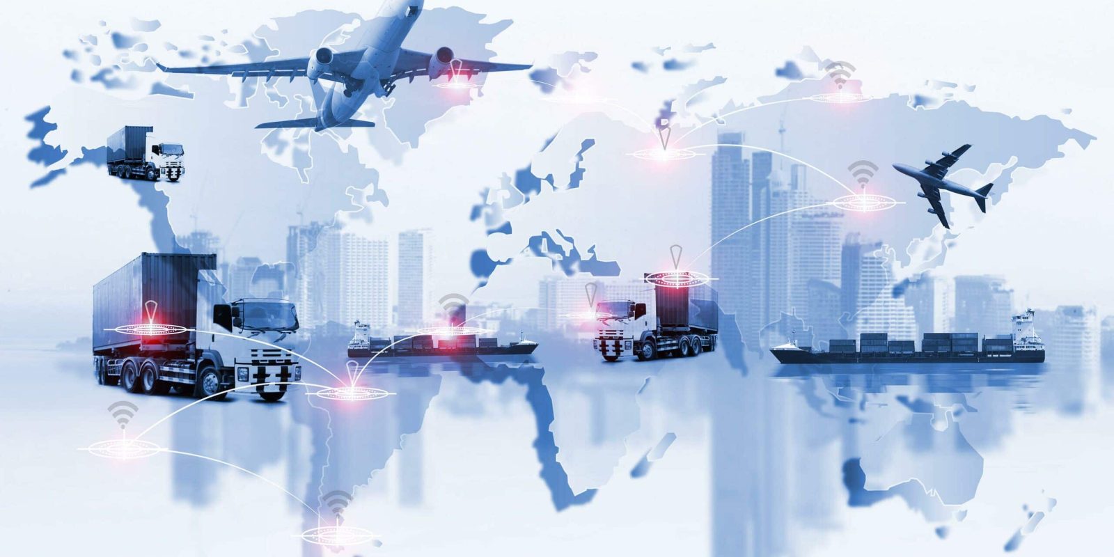 A world map overlaid with images of cargo ships, trucks, planes, and city skylines, connected by red network points, illustrating global logistics and supply chain network design.