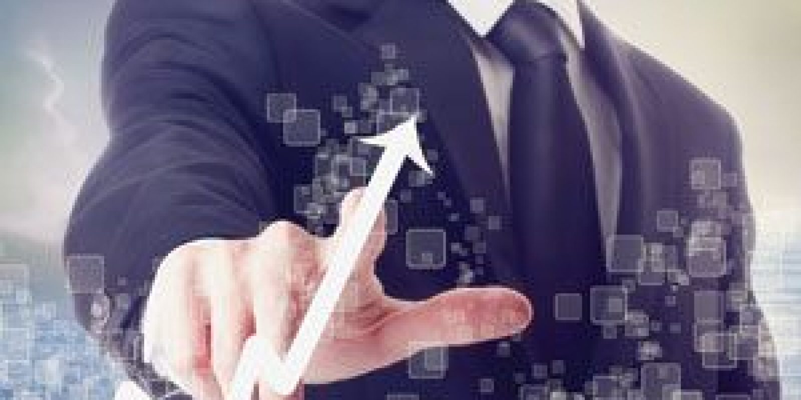 A man in a business suit touches a virtual screen displaying a rising white arrow, symbolizing growth or success in supply chain cost management, with digital squares in the background.