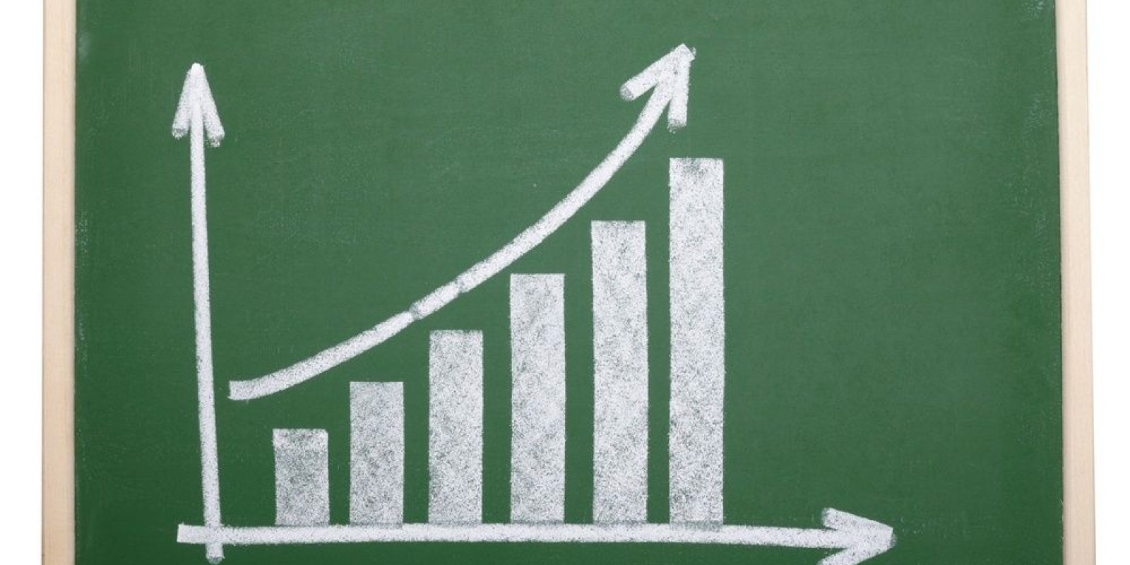 A green chalkboard with a hand-drawn bar graph in white chalk, showing increasing bars from left to right and an upward curving arrow above the bars, indicating growth or progress.