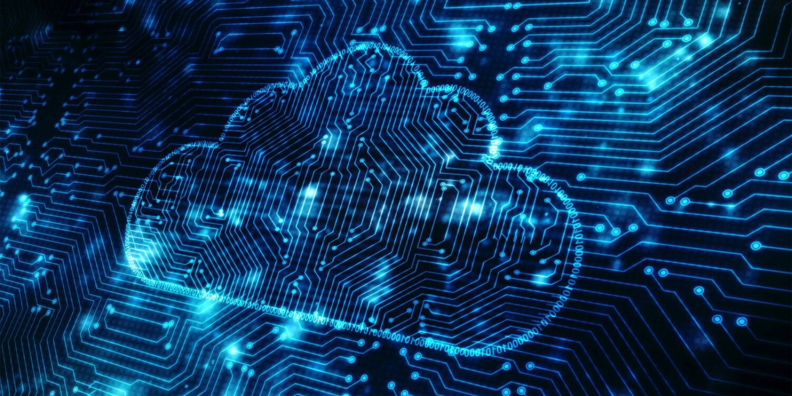 A glowing cloud icon appears on a blue digital circuit board background, symbolizing cloud computing, managed services, and data storage technology. The circuitry patterns highlight connectivity and seamless information flow.
