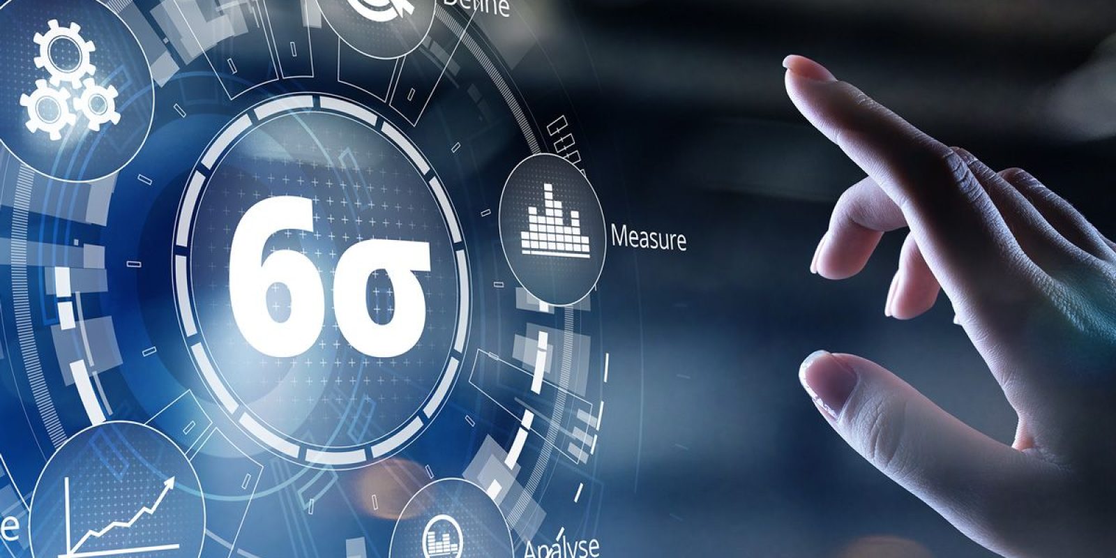 A hand reaches toward a digital interface displaying the Six Sigma symbol (6σ), surrounded by icons and text for stages like Define, Measure, and Apply, highlighting Lean Process Improvements against a blurred background.