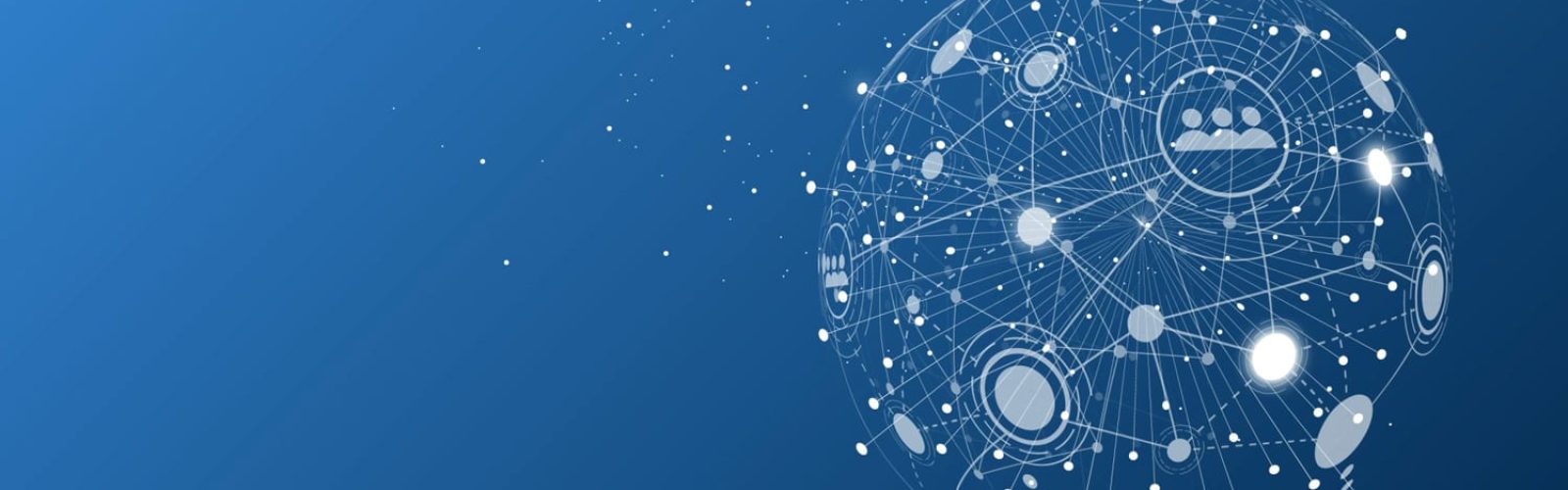 A digital globe made of interconnected lines, nodes, and icons, representing global communication and technology powered by Microsoft Business Solutions, on a blue gradient background.