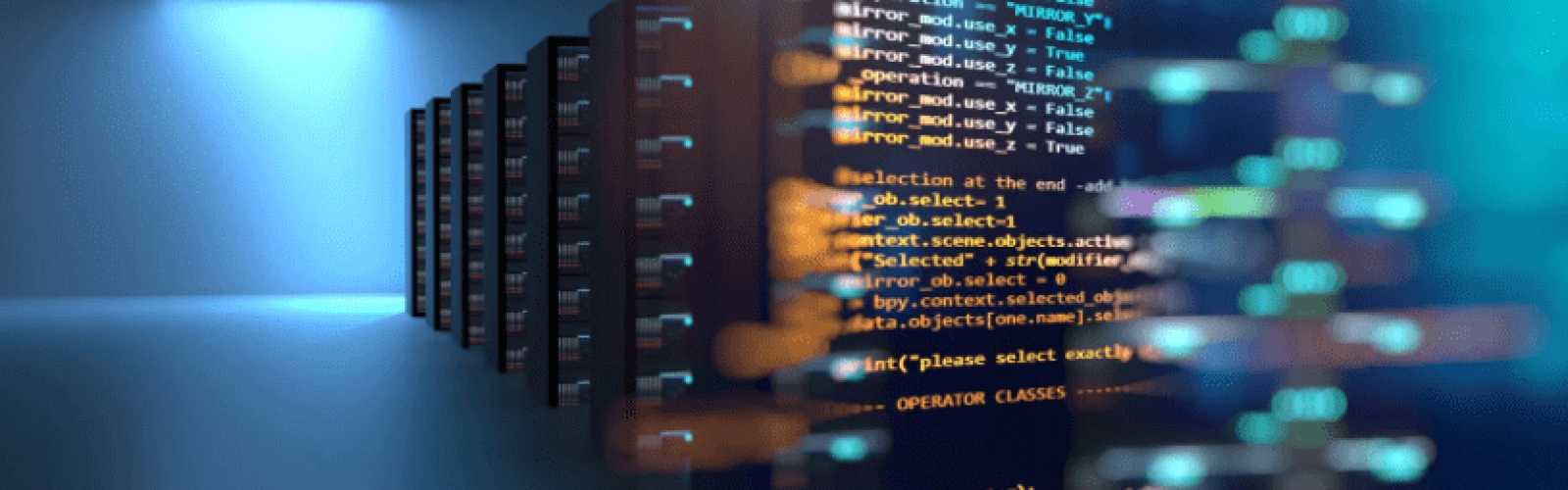 A row of computer servers in a data center, with brightly colored programming code overlaid in the foreground, symbolizing data processing and information technology.