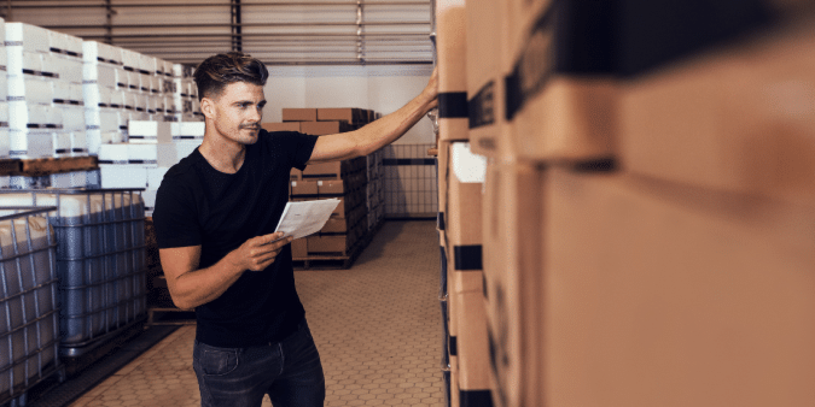 A man in a black t-shirt holds a checklist while examining stacked cardboard boxes in a warehouse, appearing to take inventory or check deliveries.