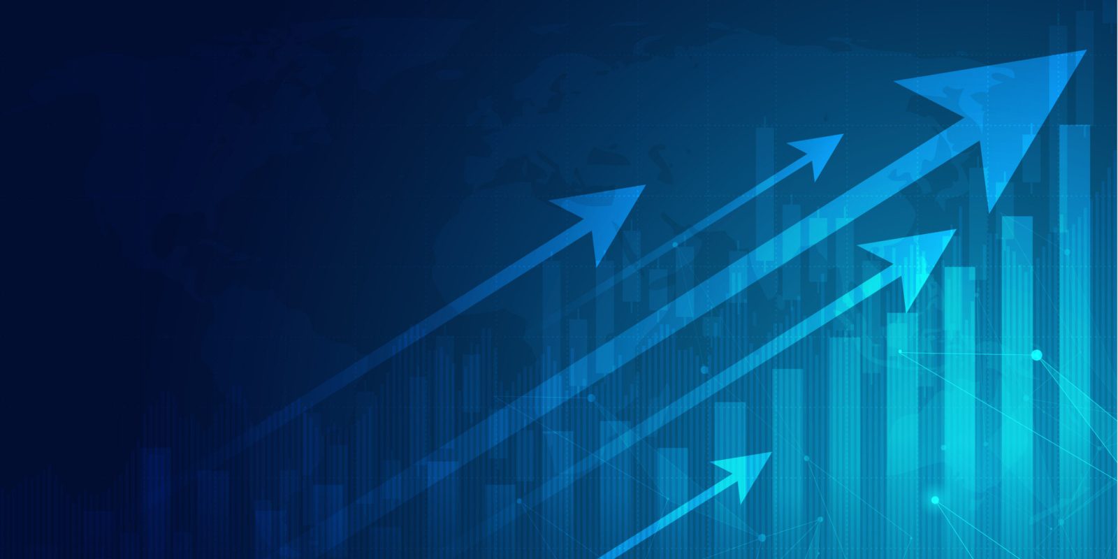 Blue arrows pointing upward over a bar graph, symbolizing growth and progress, with a world map faintly visible in the background.