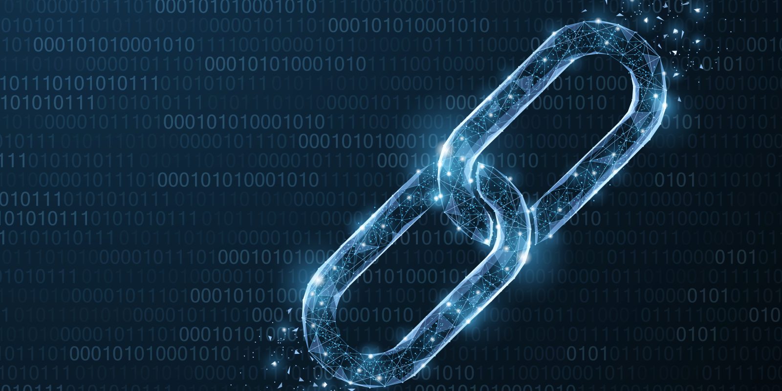 A glowing digital chain link made of light particles appears over a background of binary code, symbolizing blockchain or digital security concepts.