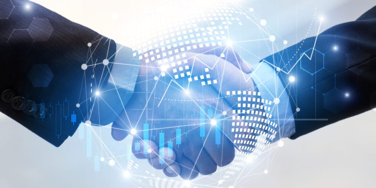 Two people in business suits shaking hands, with a digitally rendered globe and network connections overlay symbolizing global business, partnership, or technology-driven collaboration.