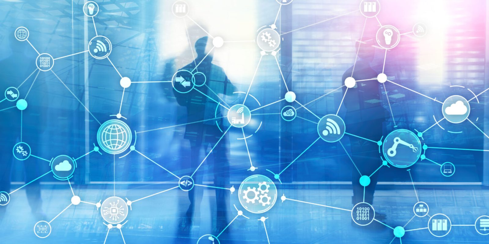 Abstract image of silhouetted people standing in a modern office, overlaid with interconnected digital network icons representing technology, supply chain execution software, and global connectivity. Blue tones dominate the background.