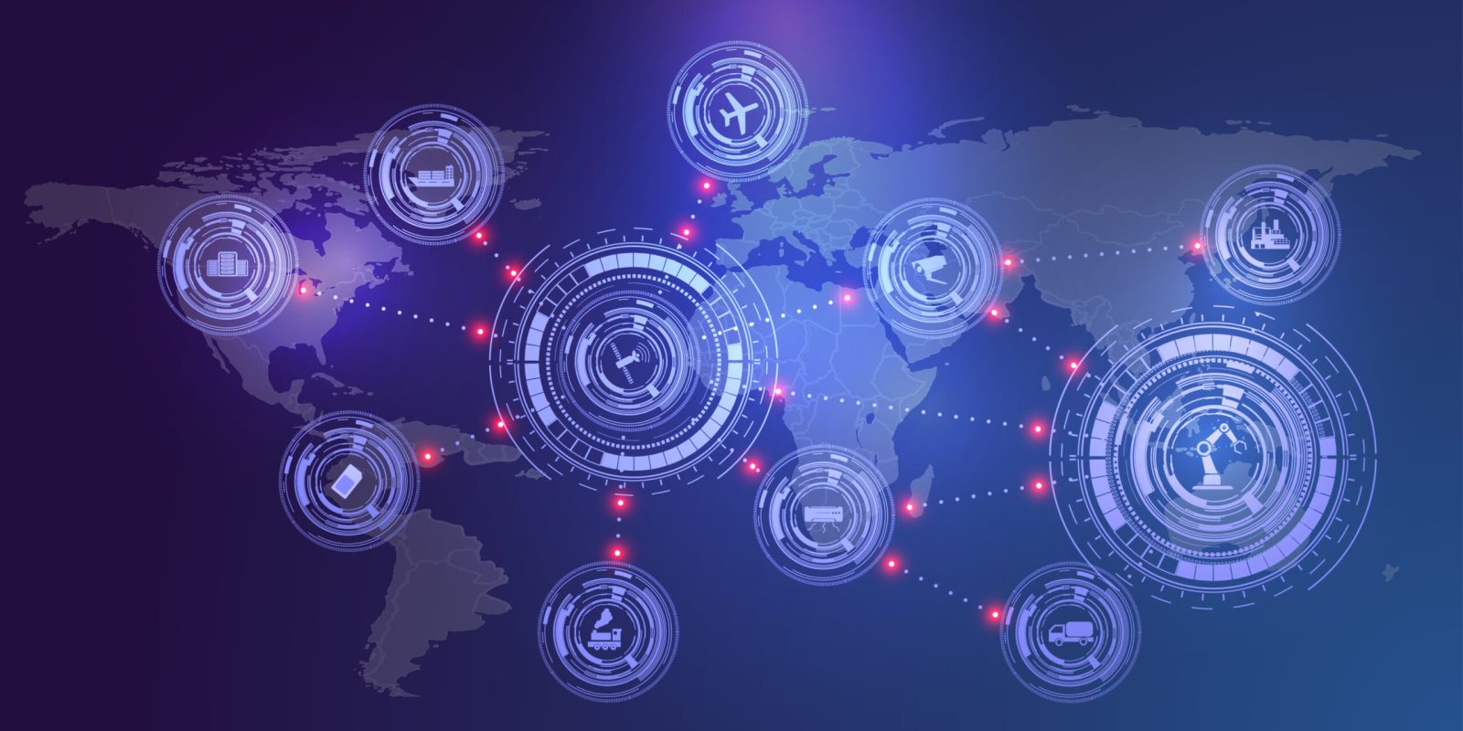 A digital world map with glowing, futuristic circular icons connected by dotted lines, representing artificial intelligence in supply chain and various industries like manufacturing, shipping, aviation, robotics, and logistics on a blue and purple background.