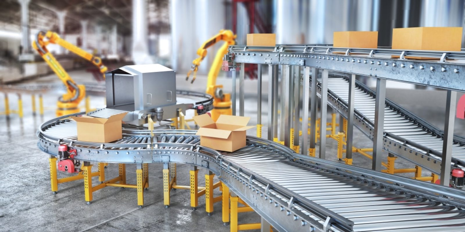 Boxes move along a metal conveyor belt system in a warehouse, with robotic arms placing and sorting packages in the background. The environment appears industrial and automated.