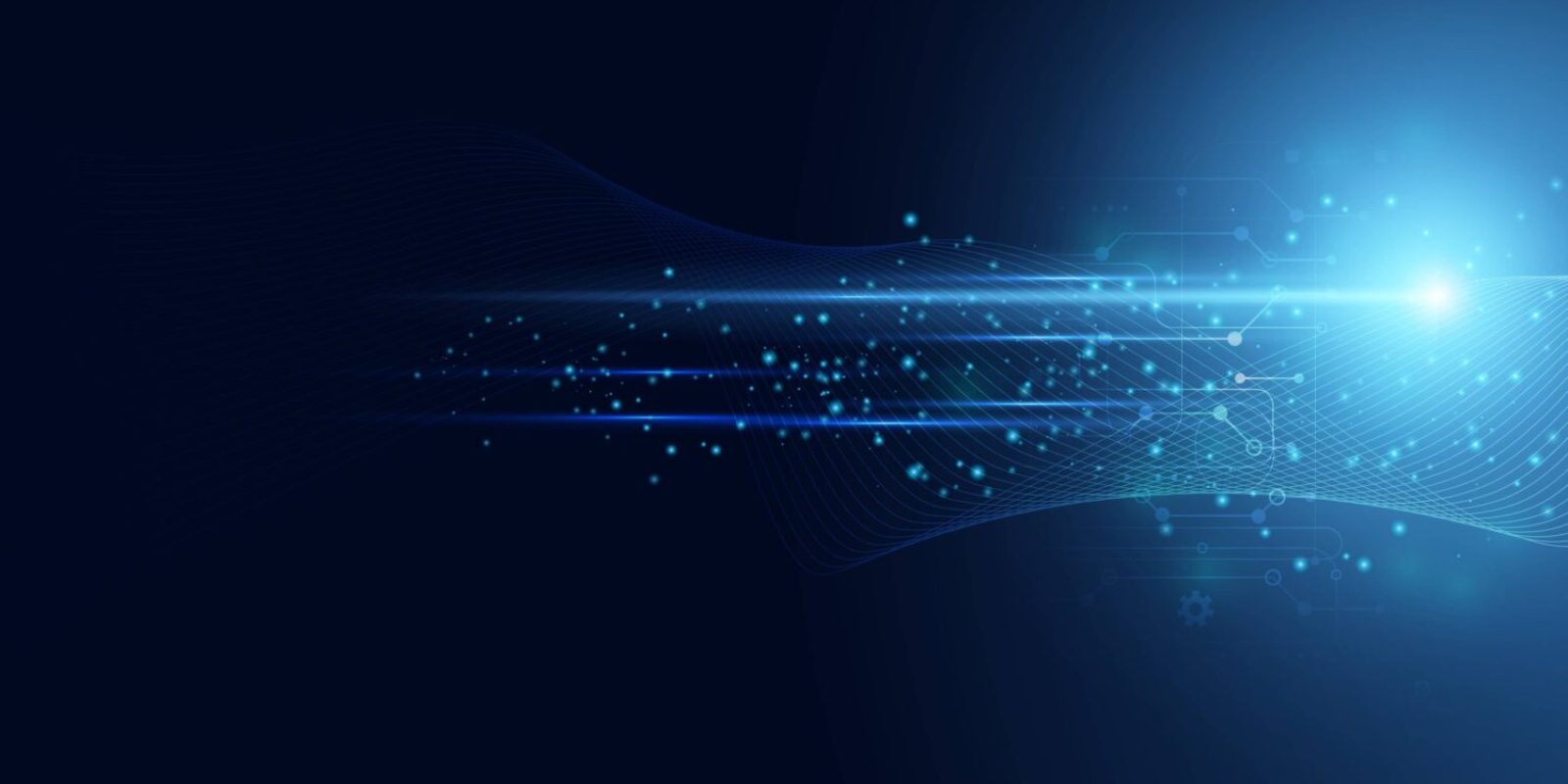 Abstract digital background with blue light streaks, glowing particles, and circuit-like patterns radiating from a bright light source on the right, set against a dark blue backdrop—perfect for illustrating innovative technology solutions.