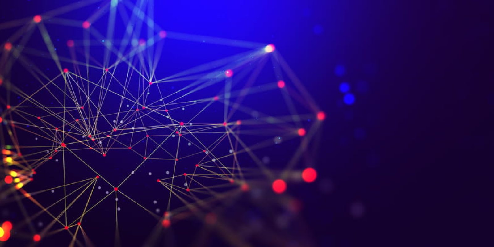 Abstract digital network with glowing yellow lines and nodes on a dark blue and purple background, representing a futuristic or technological ERP concept.