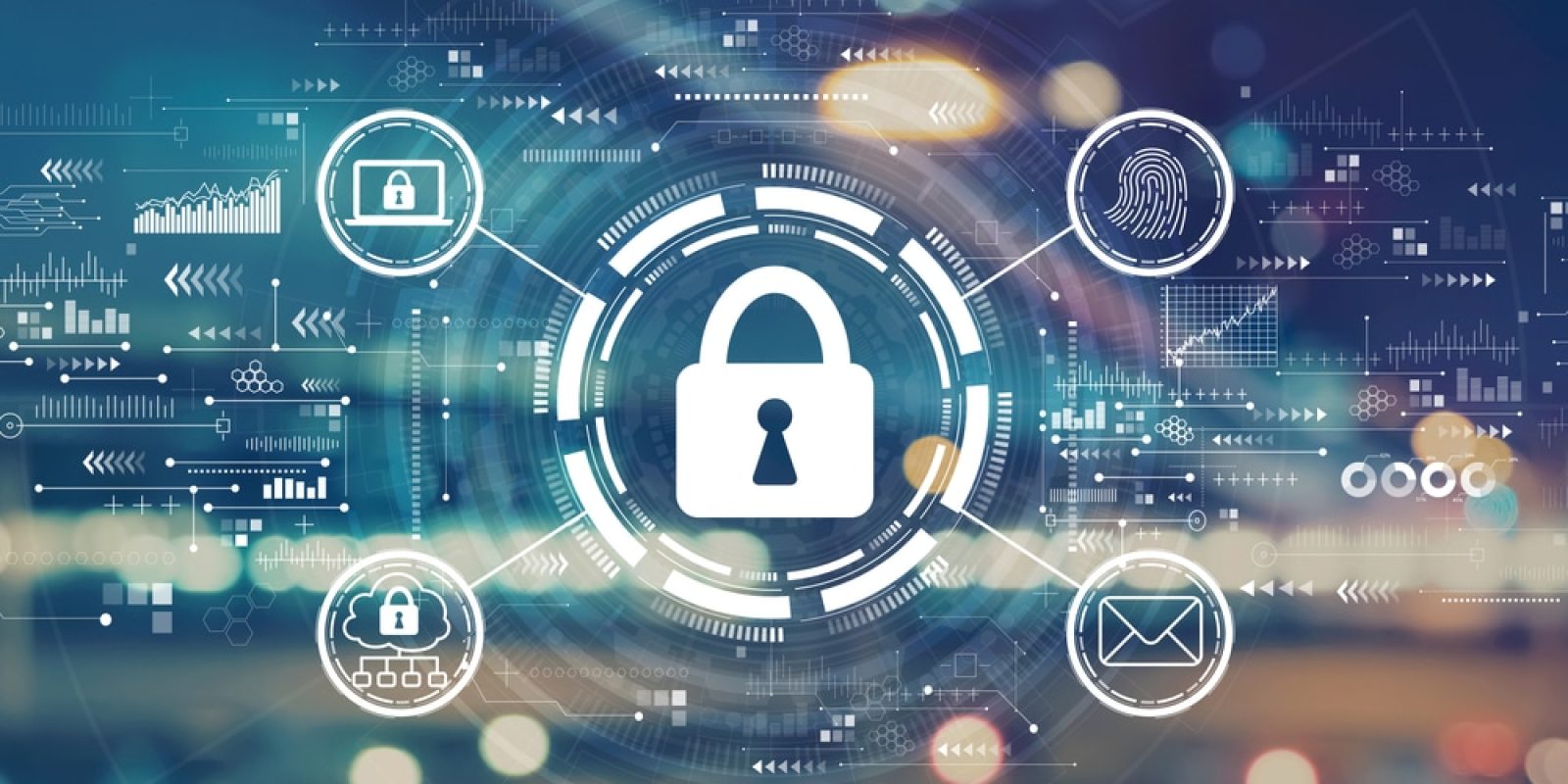 A digital graphic of a padlock in the center, symbolizing cybersecurity and security awareness training, is surrounded by security icons including a fingerprint, email, lock, and gear, set against a futuristic technology-themed background.