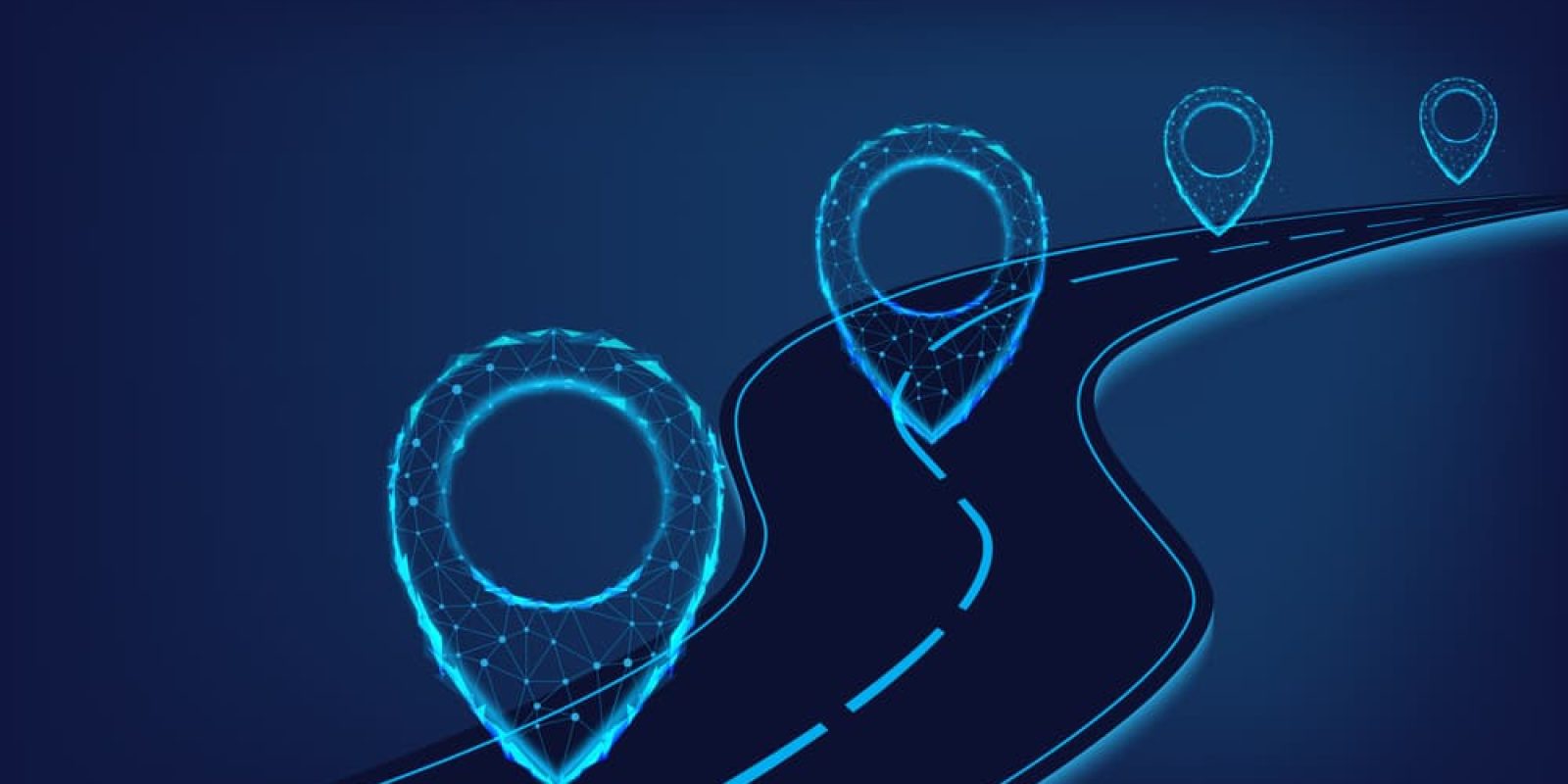 A winding road with glowing blue polygonal map pin icons placed along its path on a dark background, illustrating navigation or a digital journey concept.