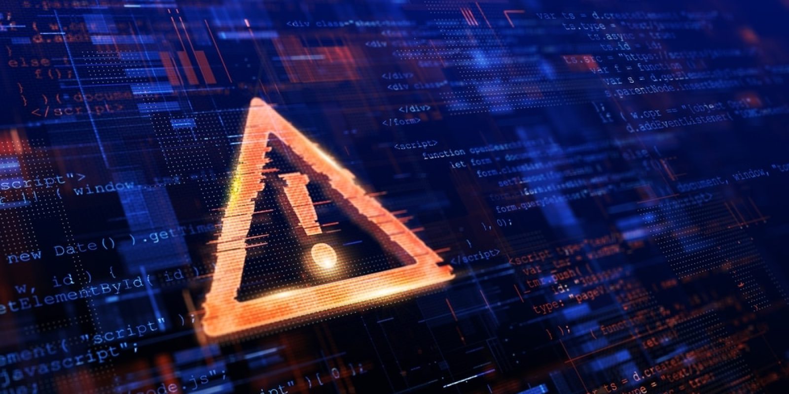 A glowing orange warning triangle with an exclamation mark appears over a digital background filled with computer code and circuit-like patterns, suggesting a cybersecurity threat or data breach.
