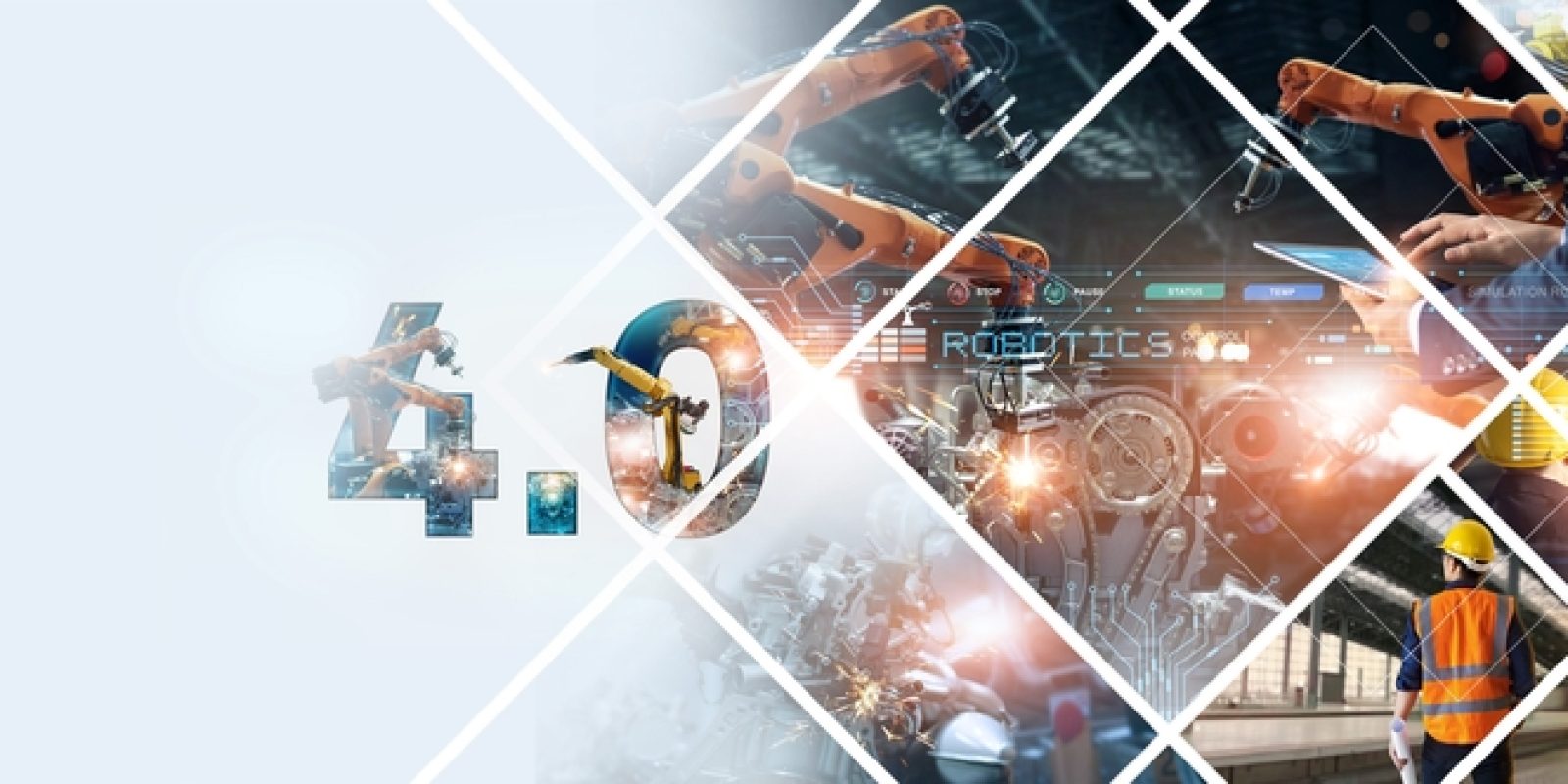 Collage of industrial robotics, engineers, and machinery with “4.0” text, symbolizing Industry 4.0, automation, and advanced technology in modern manufacturing environments.