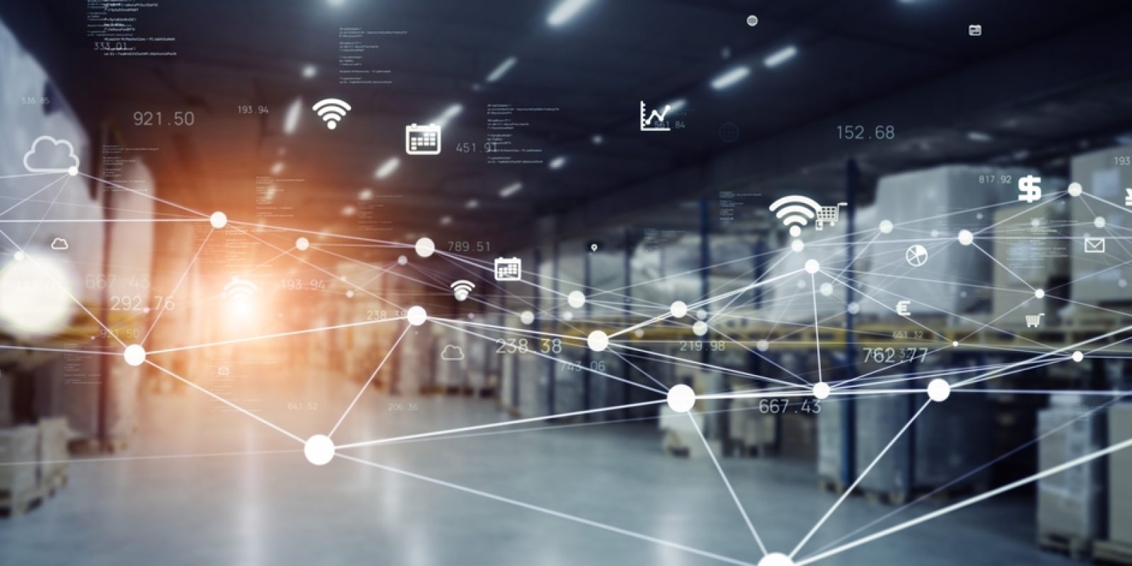 A modern warehouse filled with shelves and boxes is overlaid with digital icons and lines, representing connectivity and technology in logistics and supply chain management.