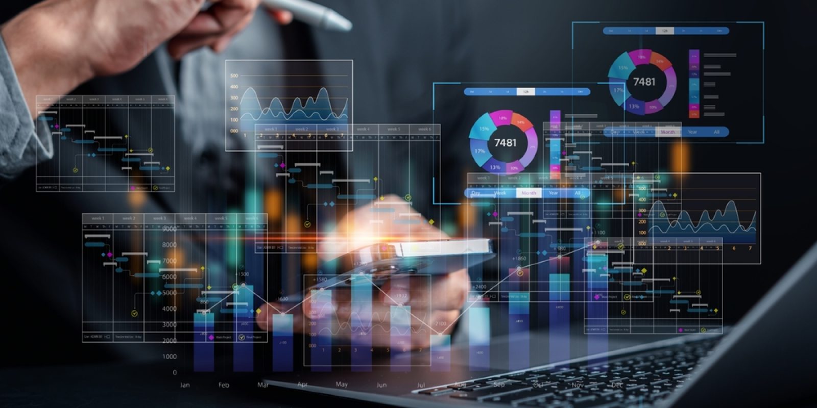 A person analyzes data on a smartphone and laptop, surrounded by digital graphs, charts, and data visualizations representing financial or business analytics.