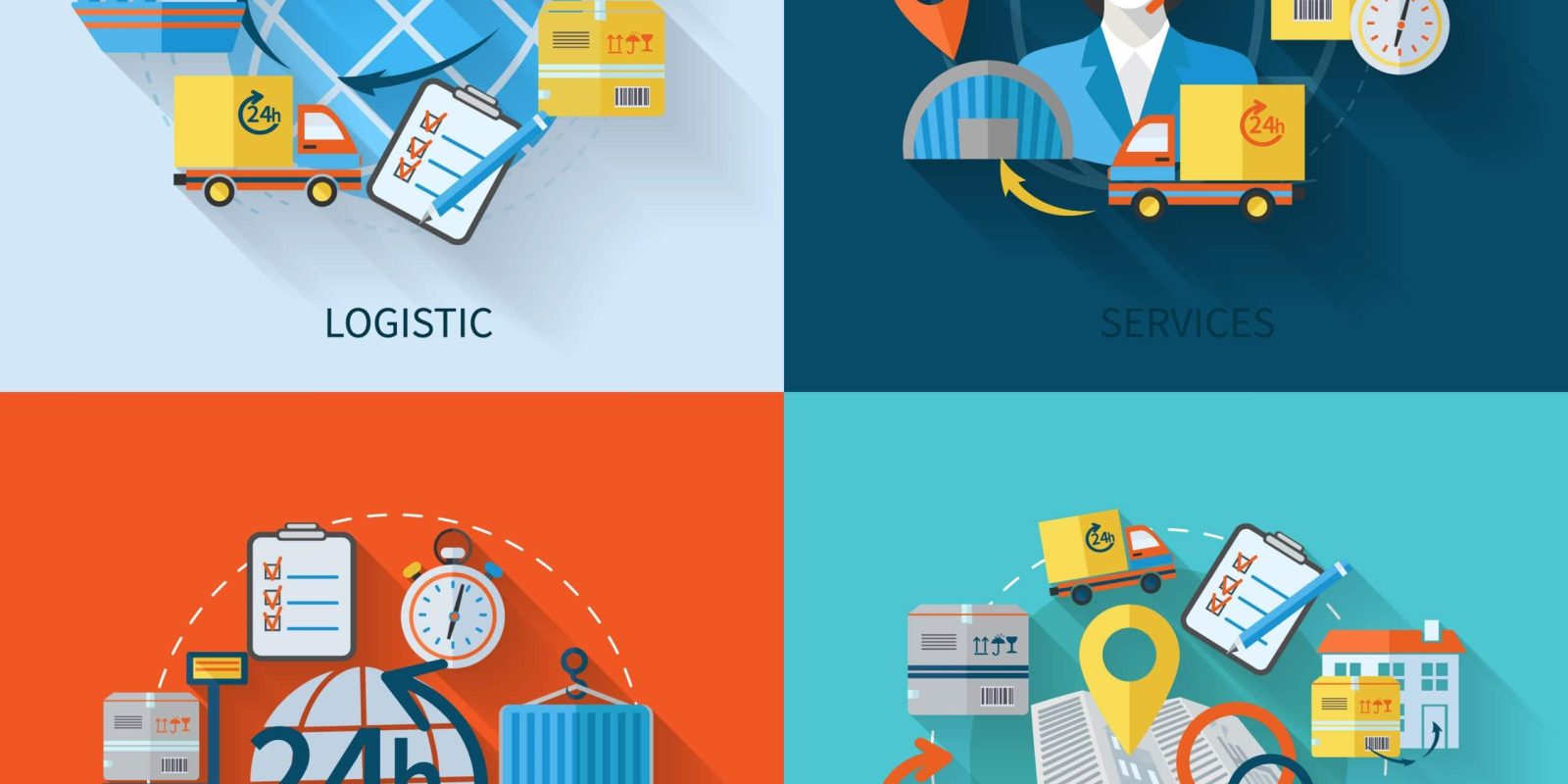 Four colorful square illustrations represent logistics, services, guaranteed quality, and delivery, featuring icons like trucks, clocks, a headset, location pins, planes, maps, checklists, and payment cards.