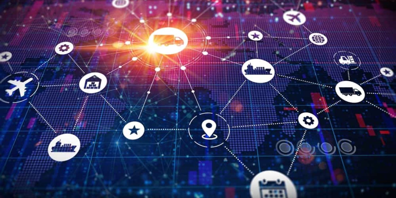 A digital world map with interconnected icons represents logistics, transportation, and supply chain elements like trucks, planes, and warehouses—highlighting Supply Chain Planning with glowing network lines for a comprehensive view.