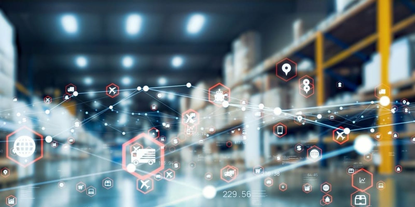 A blurred warehouse with shelves stocked with boxes, overlaid with interconnected digital icons symbolizing logistics, technology integration, and a robust supply chain strategy.