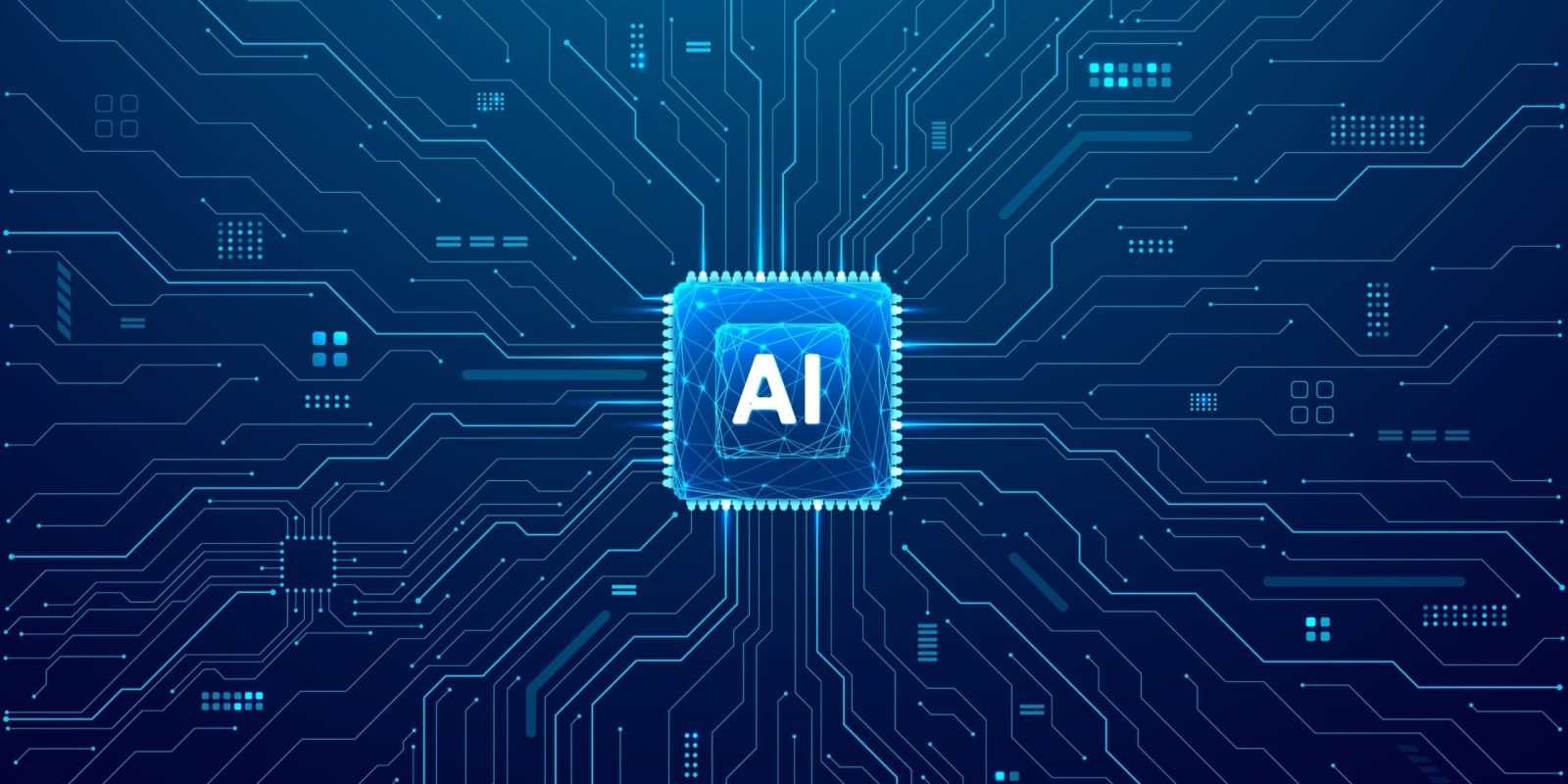 A digital illustration of a glowing microchip labeled AI at the center, with blue circuitry lines radiating outward on a dark background, symbolizing artificial intelligence, technology, and engineered labour standards.