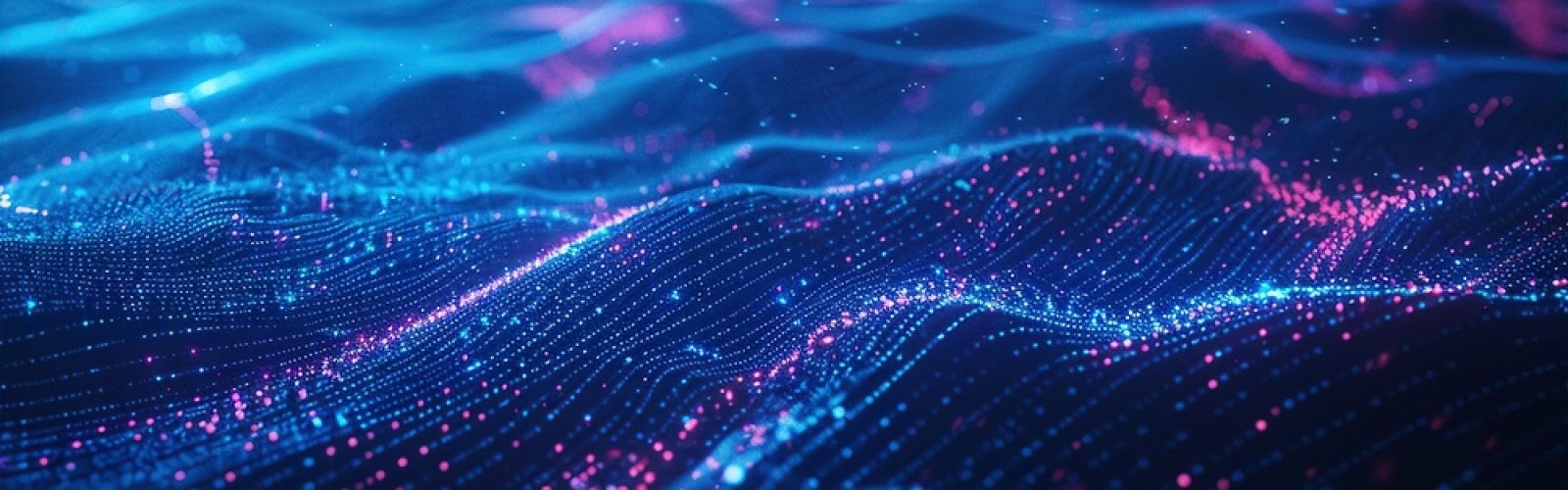 A digital abstract image showing glowing blue and pink dots forming wave-like patterns, resembling a futuristic cloud computing landscape or data visualization, set against a dark background.