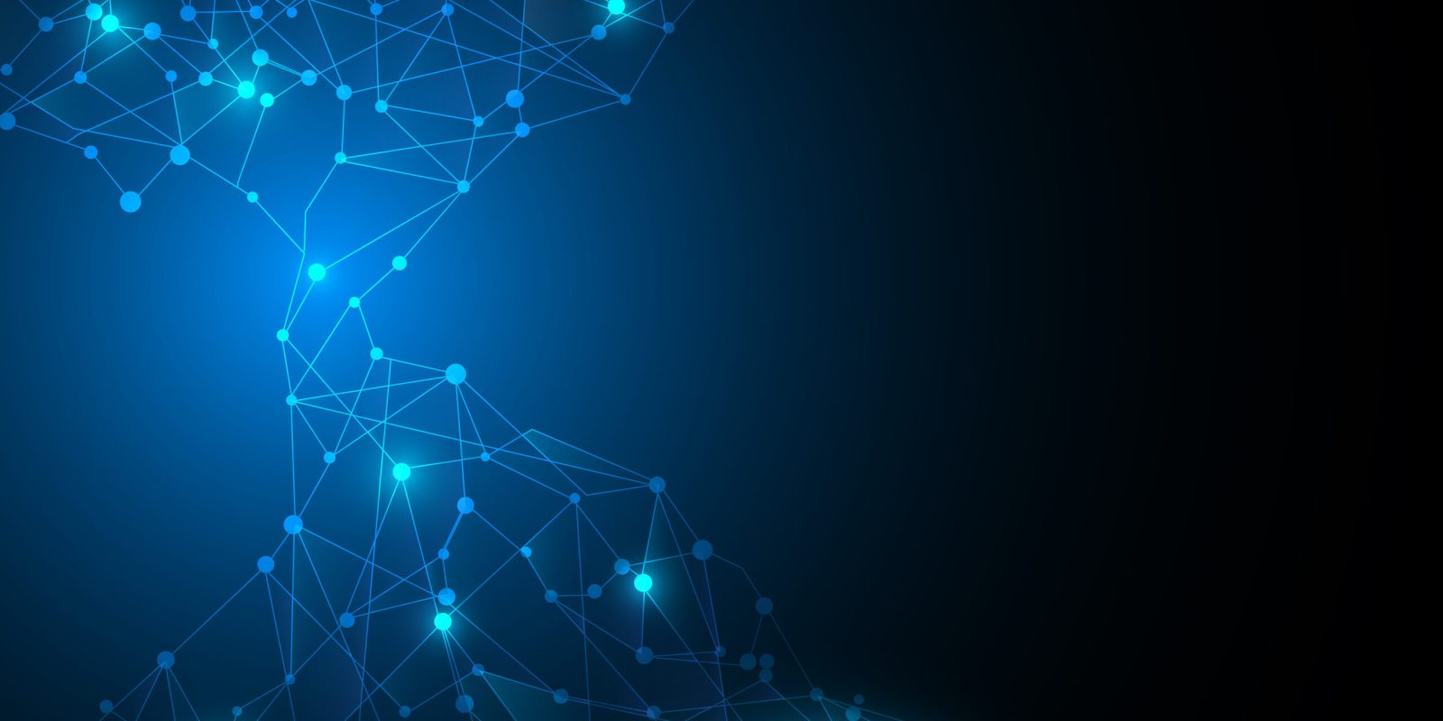 Abstract blue network of interconnected glowing dots and lines on a dark background, forming a dynamic, web-like pattern with a bright light source in the left-center.