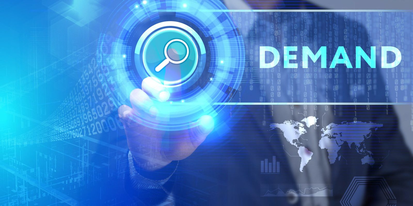 A person in a suit touches a digital search icon on a virtual screen with the word DEMAND displayed, alongside graphics of a world map and abstract data elements.