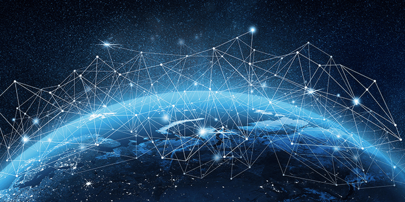 A view of Earth from space with a glowing network of interconnected points and lines overlaying the planet, symbolizing global digital connectivity and communication.